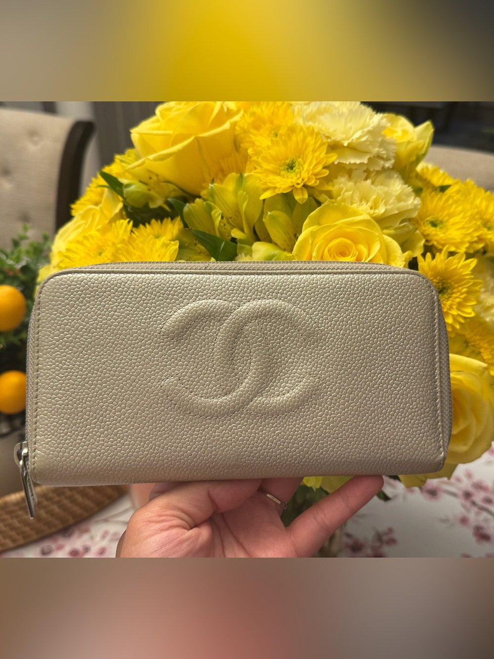 CHANEL Caviar Leather CC Zip Around Wallet – Beige / Champagne – With Dust Bag